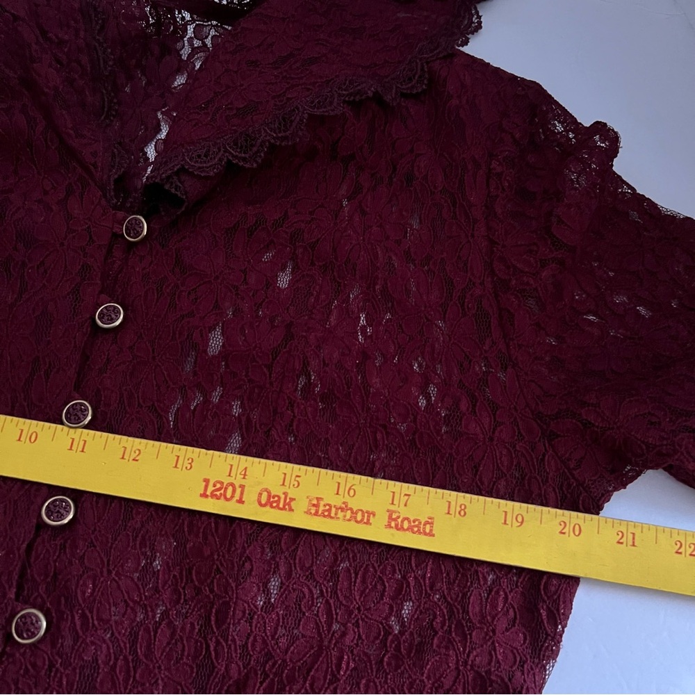 VTG Burgundy Lace Button-Down Long Dress Size L Short Sleeve - Picture 11 of 16